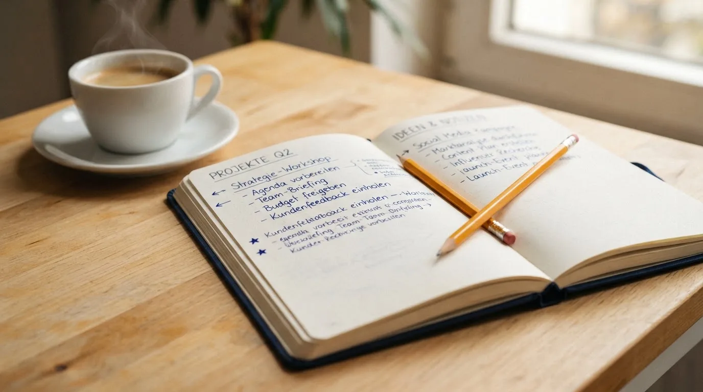 Ein aufgeschlagenes Notizbuch mit handgeschriebenen Stichpunkten und ein Bleistift liegen neben einer Kaffeetasse auf einem hellen Holztisch.
