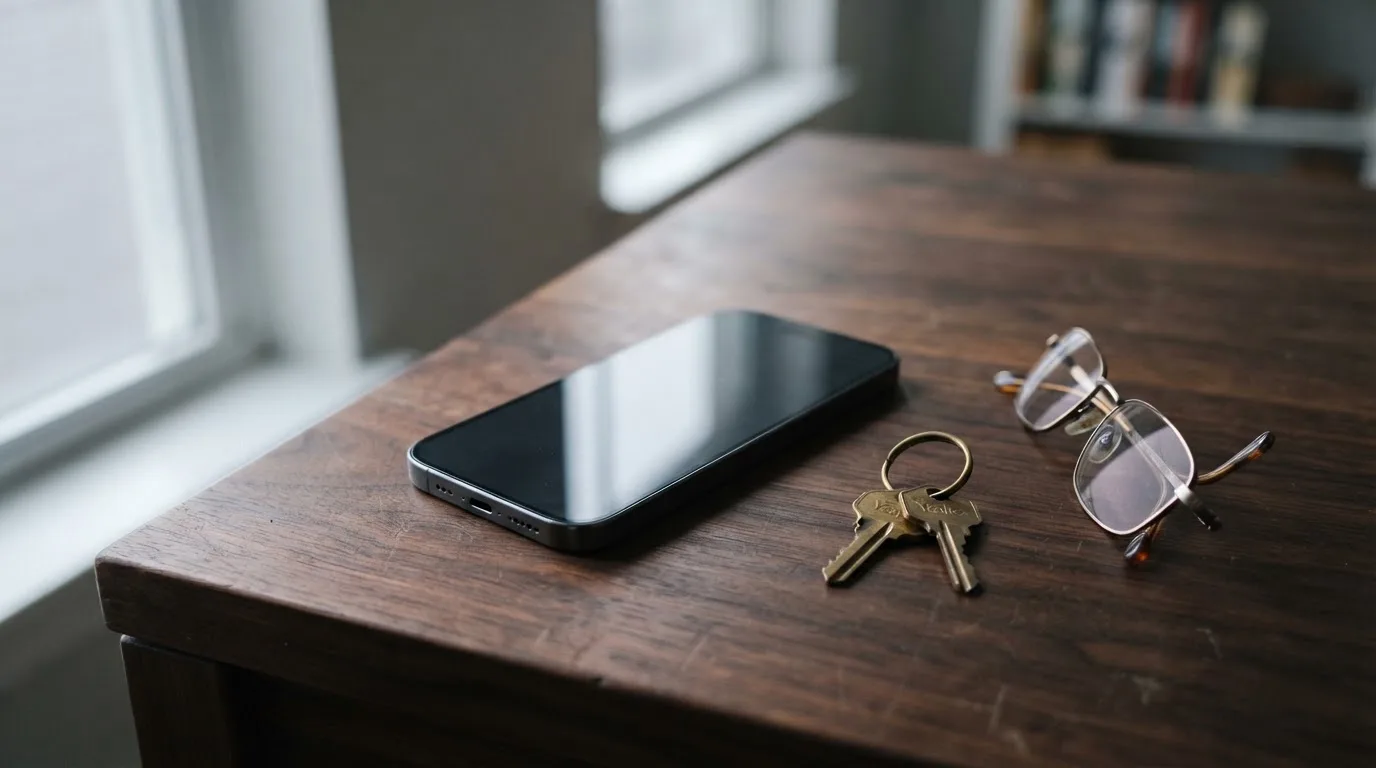 Ein Smartphone liegt mit dunklem Display auf einem Holztisch neben einem Schlüsselbund und einer Brille im Licht eines Fensters.