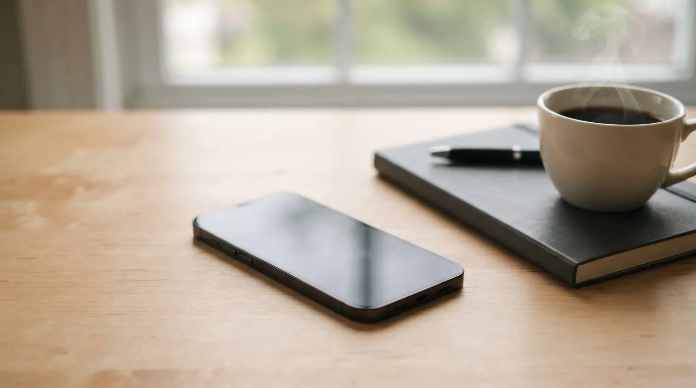 Ein Smartphone liegt mit dunklem Display auf einem Schreibtisch neben einem Notizbuch und einer Kaffeetasse.