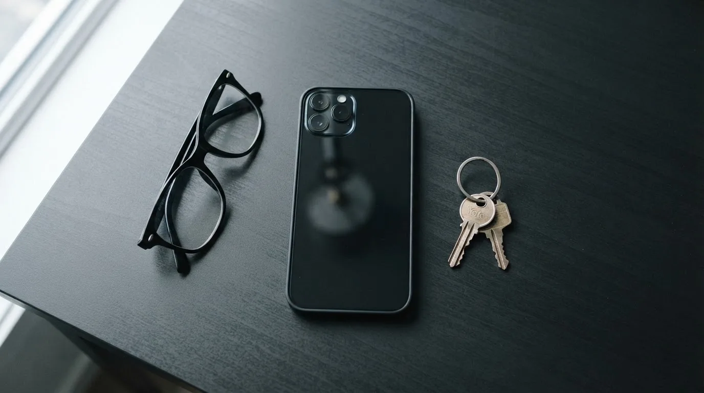 Ein Smartphone liegt mit dunklem Display auf einem Schreibtisch neben einem Schlüsselbund und einer Brille.