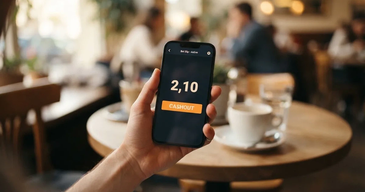Eine Hand hält ein Smartphone mit dunklem Display, im Hintergrund unscharf ein Café-Tisch mit einer Tasse.
