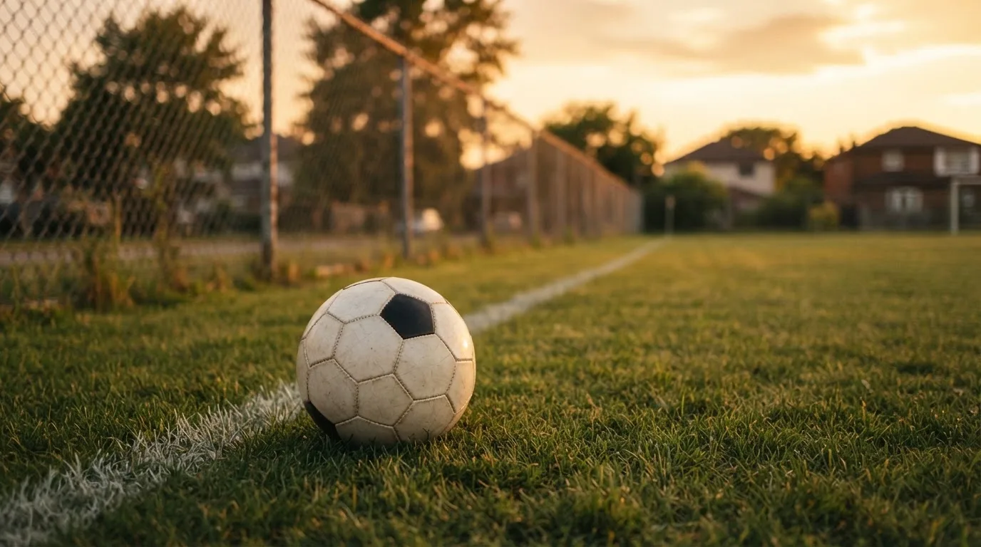 Ein Fußball liegt am Rand eines Rasens neben einer weißen Linie, im Hintergrund ein Zaun in der Abendsonne.