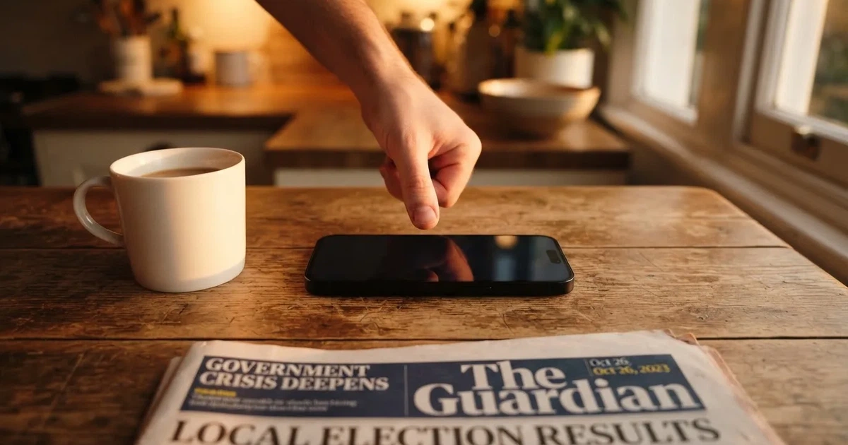 Ein Daumen schwebt über einem Smartphone mit dunklem Display, das auf einem Küchentisch neben einer Tasse liegt.