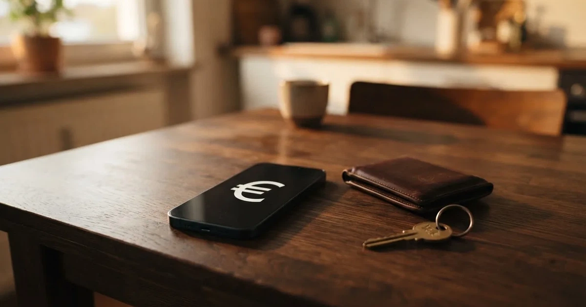 Ein Smartphone mit dunklem Display liegt neben einer Geldbörse und einem Schlüssel auf einem Tisch.
