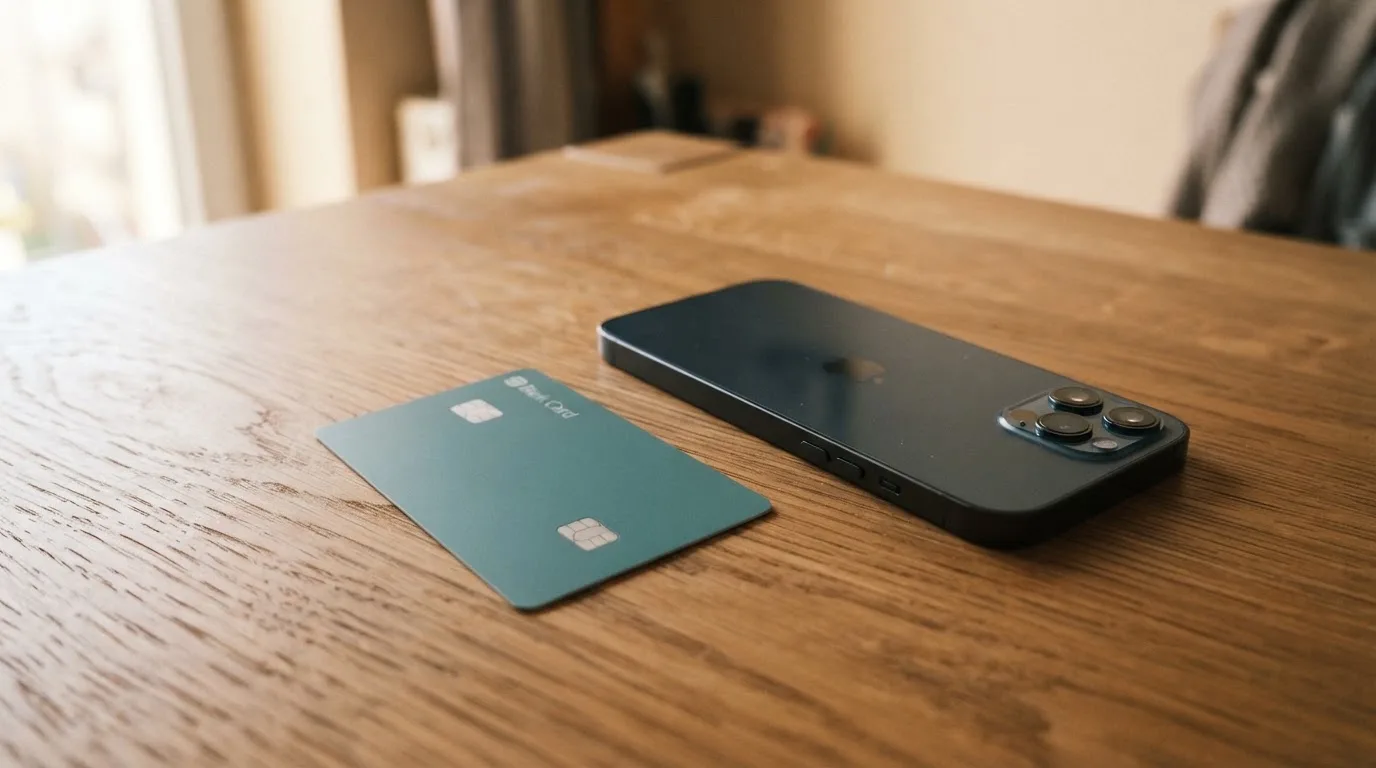 Eine Bankkarte ohne Aufdruck liegt neben einem Smartphone mit dunklem Display auf einem Holztisch.