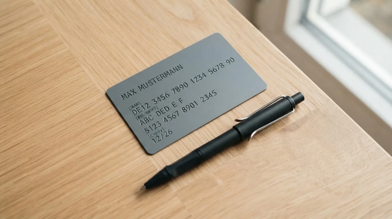 Eine Bankkarte ohne Aufdruck liegt neben einem Kugelschreiber auf einer Arbeitsplatte aus hellem Holz.