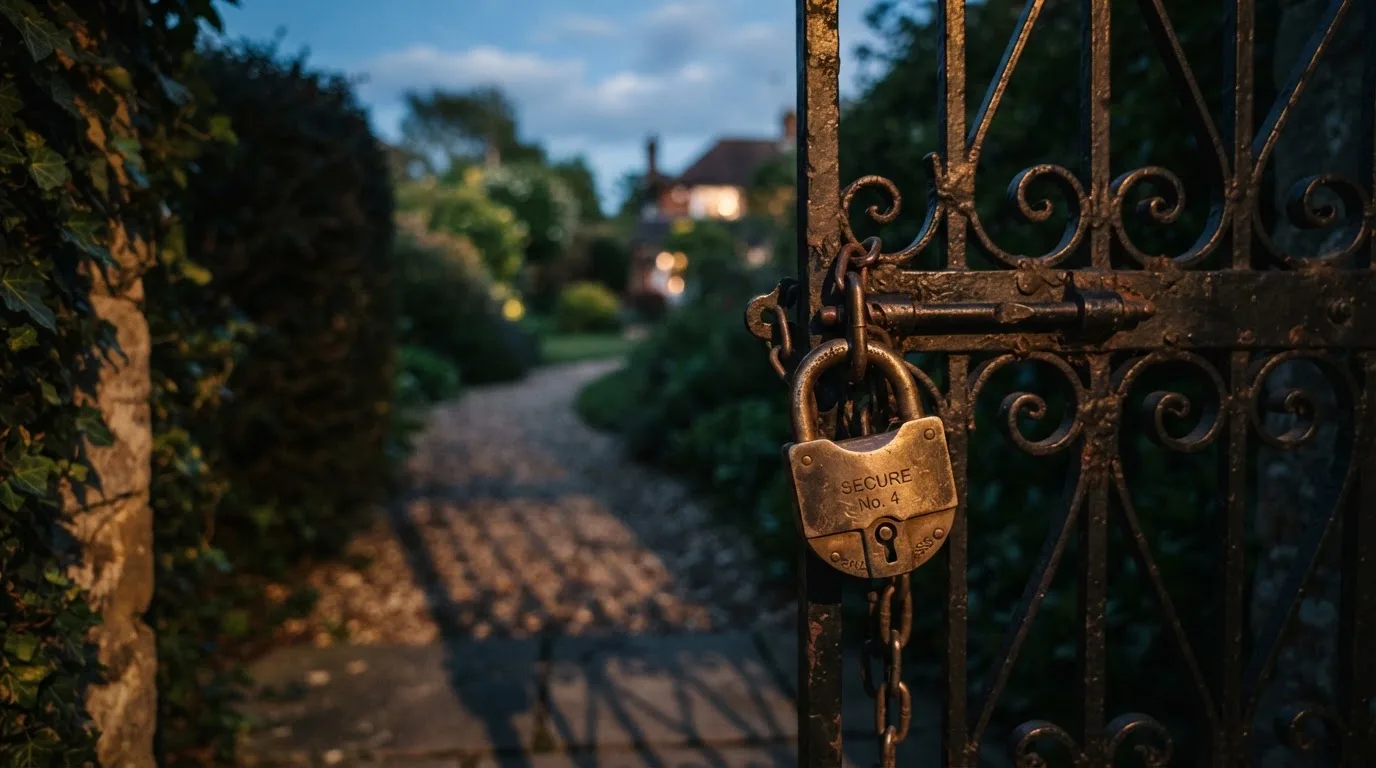 Ein Vorhängeschloss hängt an einem Gartentor im Abendlicht, dahinter ein unscharfer Weg.