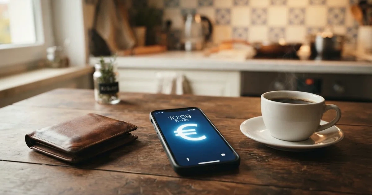 Ein Smartphone mit dunklem Display liegt auf einem Tisch neben einer Geldbörse und einer Tasse Kaffee.