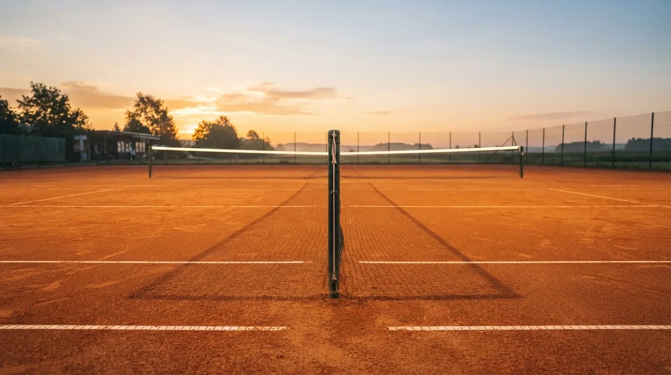 Ein Tennisplatz aus Sand bei Sonnenaufgang, das Netz im Gegenlicht, kein Mensch zu sehen.