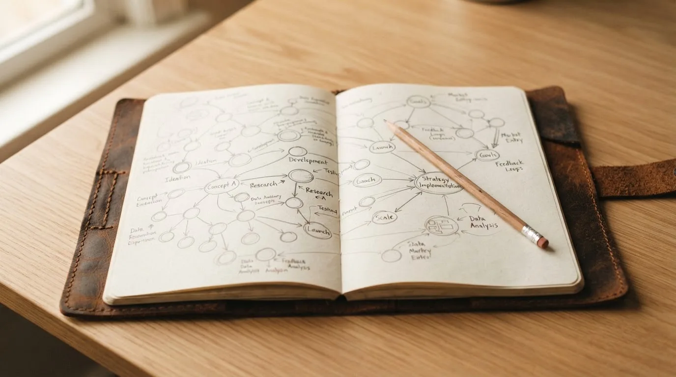 Ein Notizbuch mit handgezeichneten Knoten und Linien liegt neben einem Bleistift auf einem Schreibtisch.