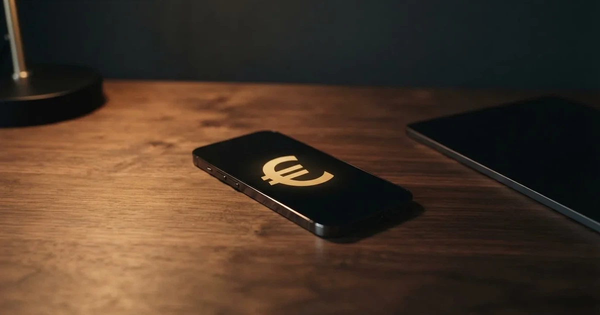 Eine einzelne goldfarbene Münze ohne Prägung liegt auf einem dunklen Tisch, daneben ein ausgeschaltetes Smartphone.
