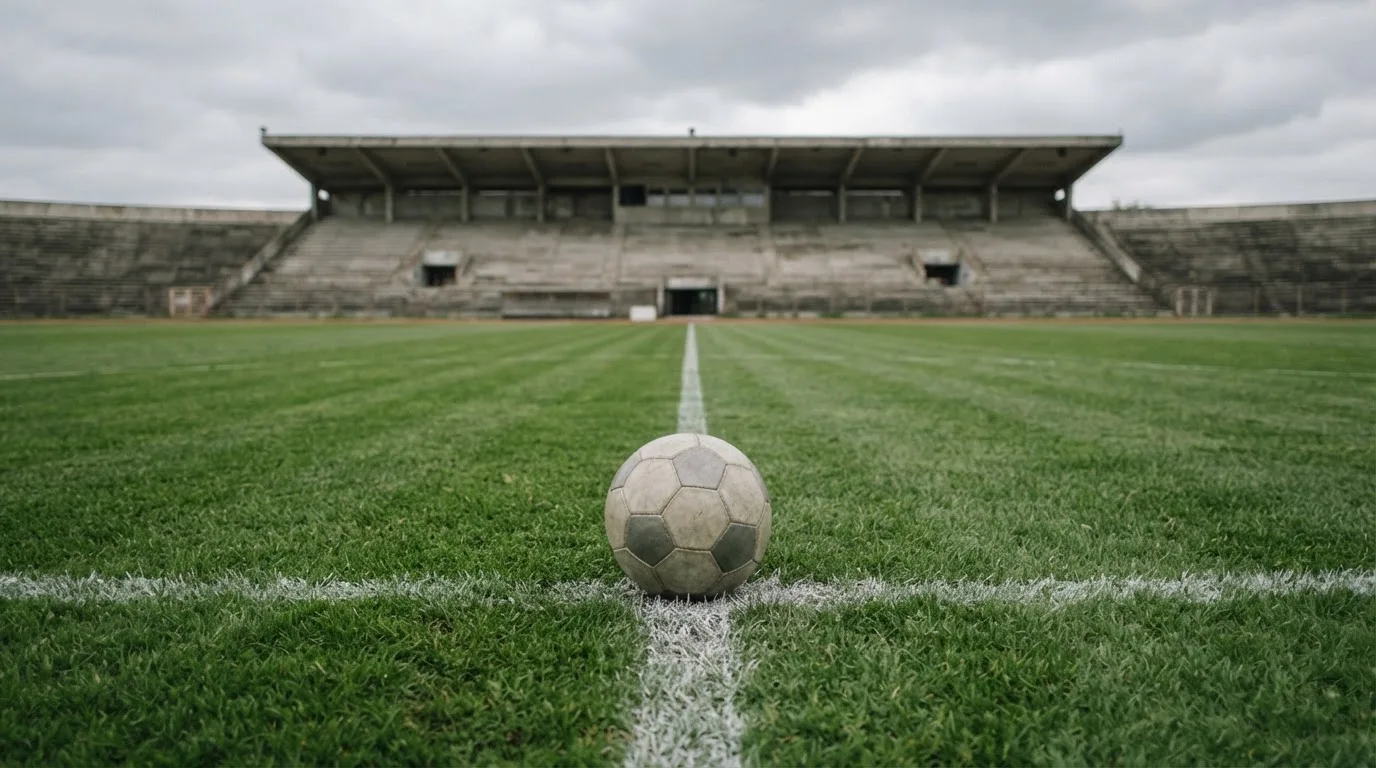 Ein Fußball liegt auf dem Anstoßpunkt eines leeren Rasenplatzes, im Hintergrund eine ruhige Tribüne unter bedecktem Himmel.