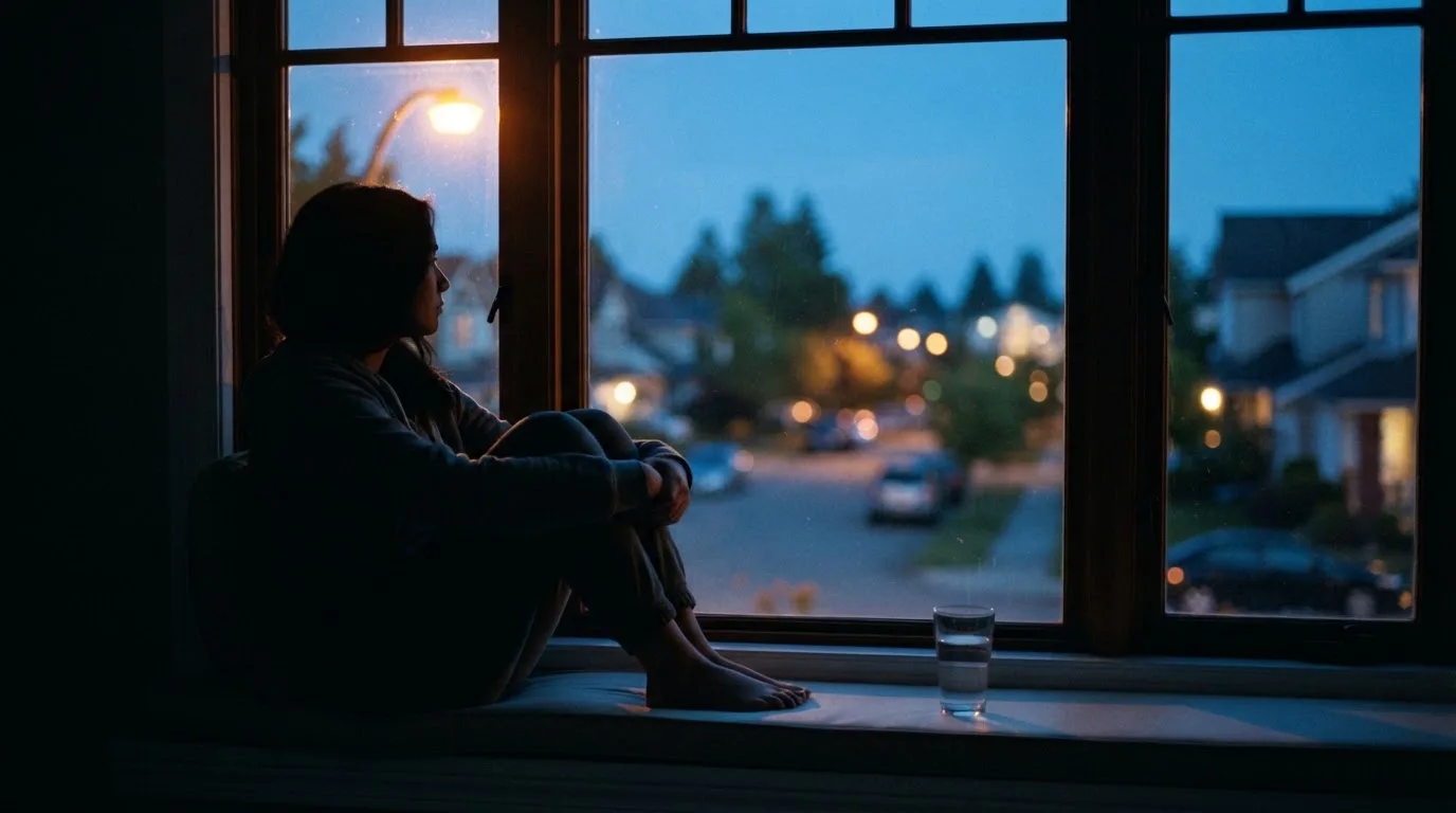 Die Silhouette einer Person sitzt am Abend am Fenster und blickt auf eine Straße, auf dem Fensterbrett steht ein Glas Wasser.