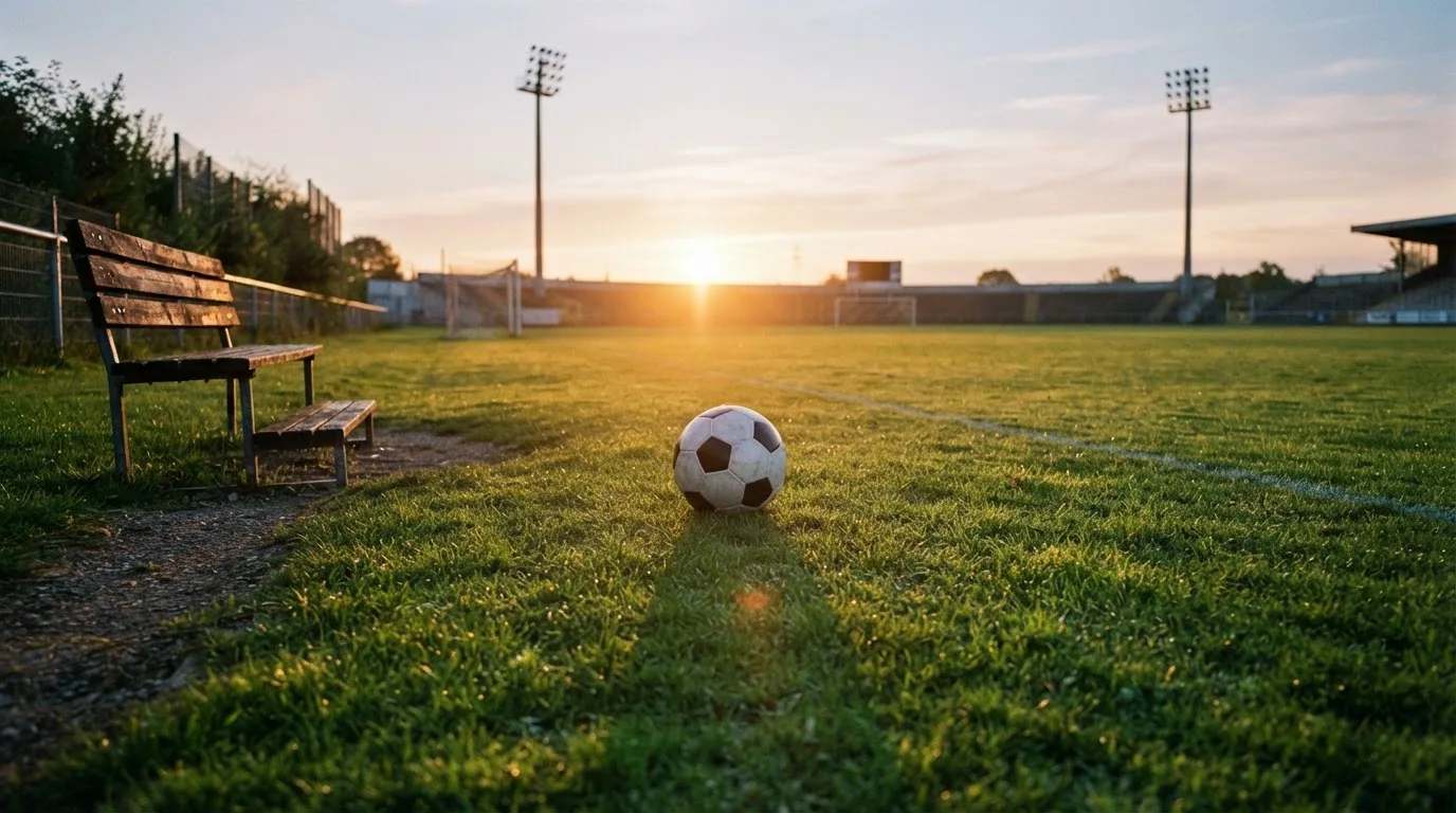 Ein Fußball auf einem Rasenplatz im Gegenlicht der tiefstehenden Sonne, am Spielfeldrand eine leere Ersatzbank.