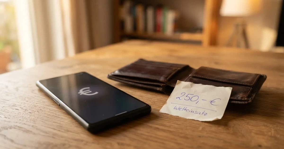 Ein Smartphone mit dunklem Bildschirm liegt neben einer Geldbörse und wenigen Münzen auf einem Holztisch im weichen Fensterlicht.