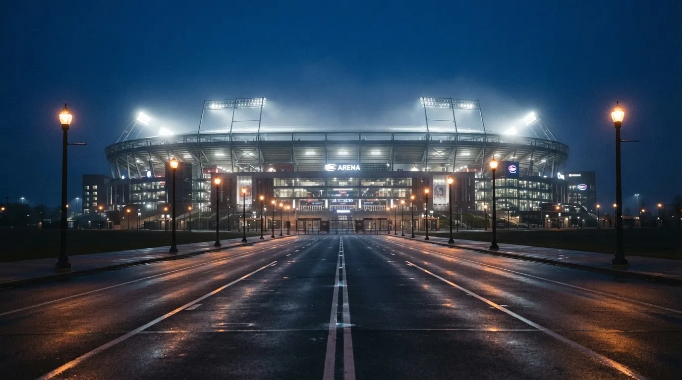 Ein Stadion unter Flutlicht aus der Ferne gesehen, davor eine dunkle Straße mit Laternen und ohne Menschen.