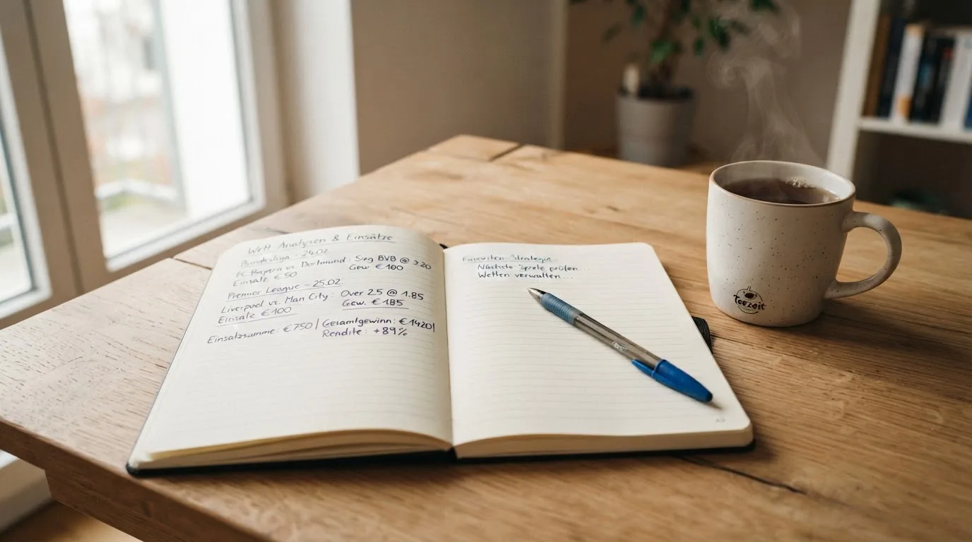 Ein Notizbuch mit handgeschriebenen Rechnungen und ein Taschenrechner auf einem hellen Schreibtisch neben einer Tasse Tee.