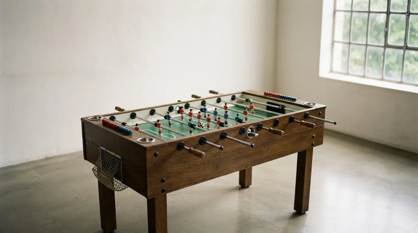 Ein Tischkicker in einem leeren Raum, die Spielfiguren in Reihe, Tageslicht fällt durch ein großes Fenster.