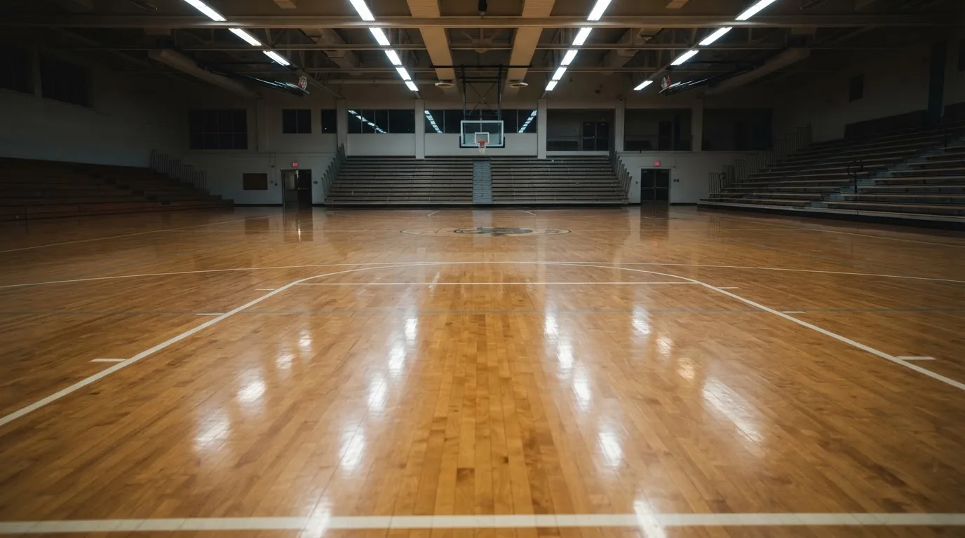 Ein Basketballfeld in einer leeren Halle, das Parkett spiegelt das Licht der Deckenlampen.