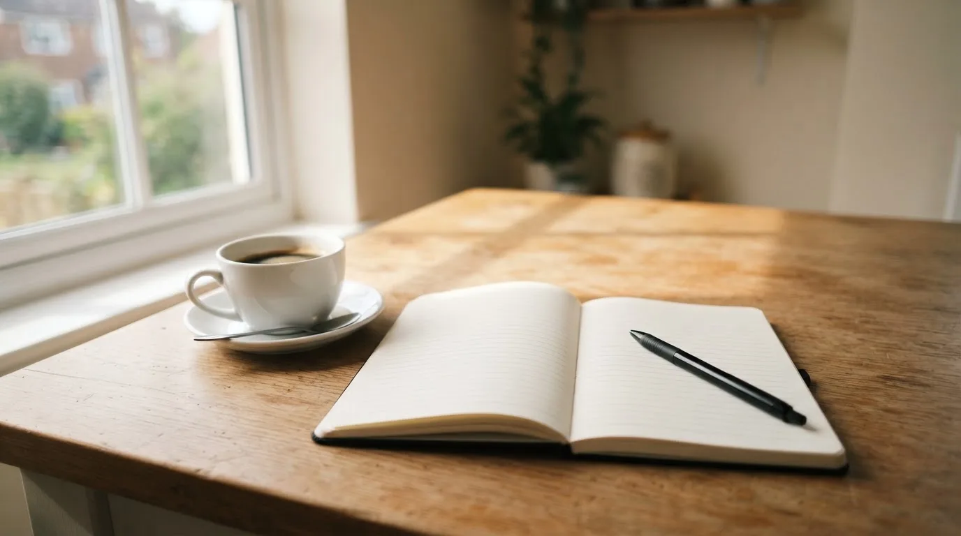 Eine Tasse Kaffee, ein Kugelschreiber und ein aufgeschlagenes leeres Notizbuch auf einem Küchentisch am Fenster.