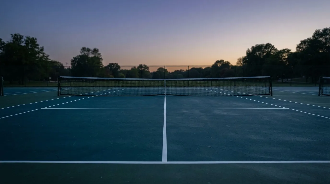 Ein Tennisplatz in der Dämmerung, Netz und Linien im Zwielicht, ohne Menschen und mit ruhigem Himmel.