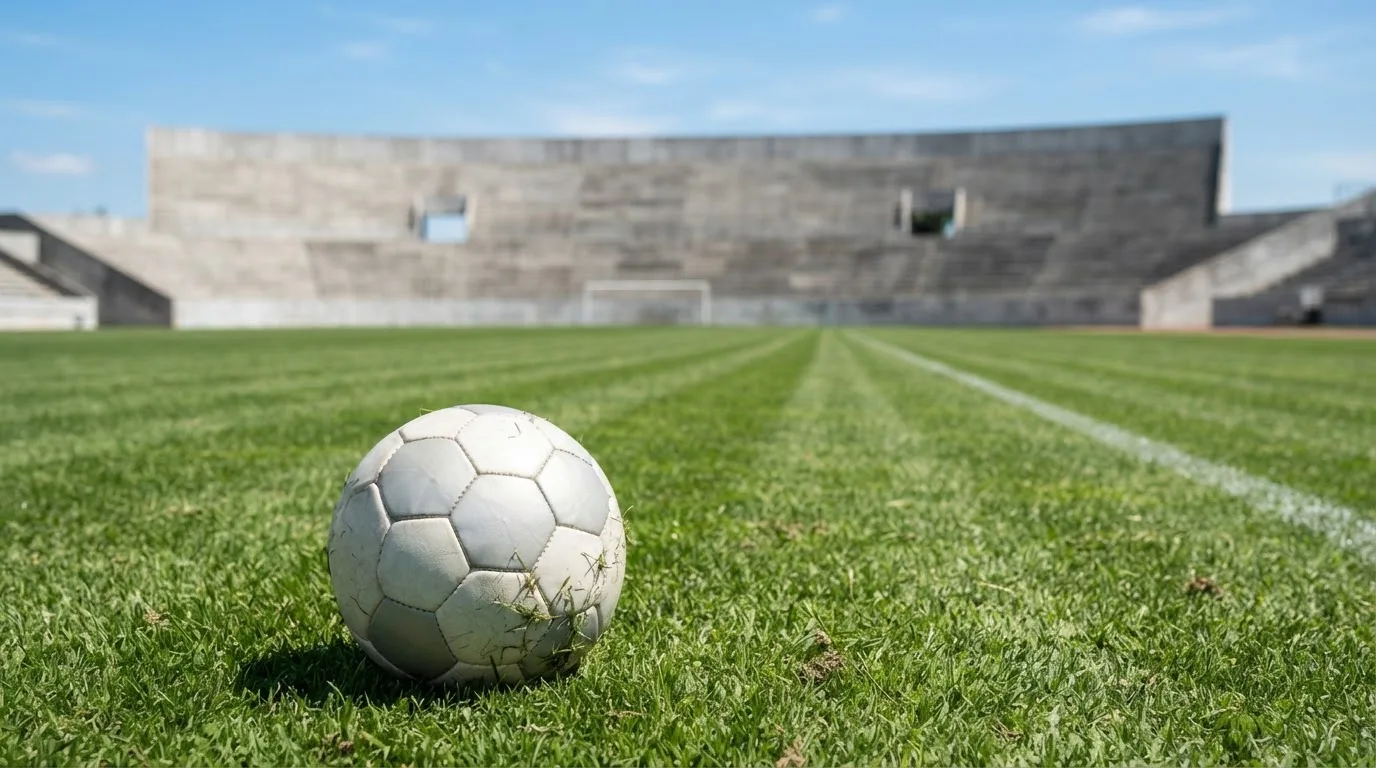 Ein Fußball liegt am Spielfeldrand eines Rasenplatzes, im Hintergrund eine leere Tribüne unter hellem Himmel.