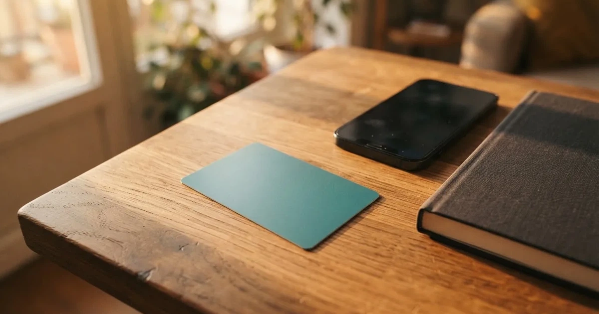 Eine Plastikkarte ohne Aufdruck liegt auf einem Holztisch neben einem Smartphone mit dunklem Bildschirm und einem Notizbuch.