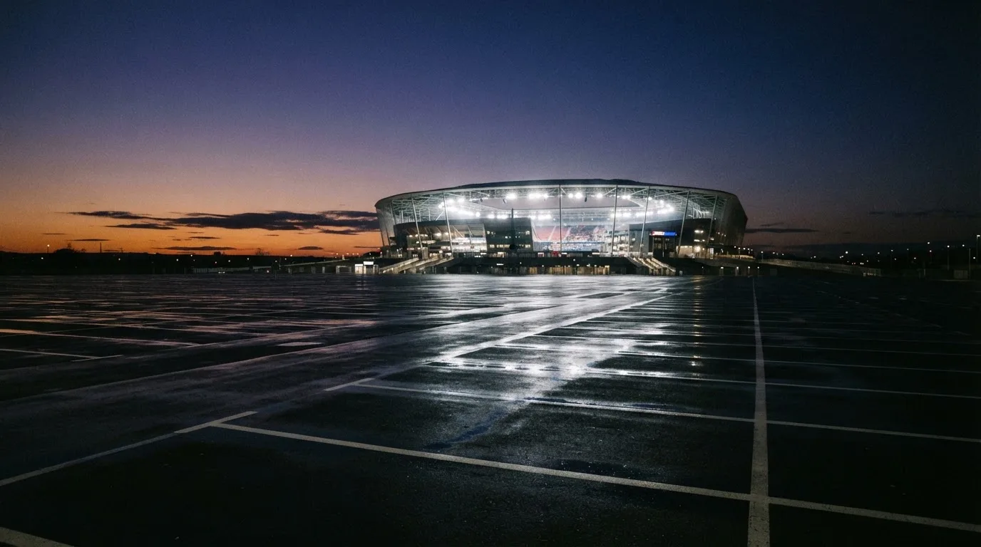 Ein Stadion unter Flutlicht aus der Ferne gesehen, davor ein leerer Parkplatz in der Dämmerung.
