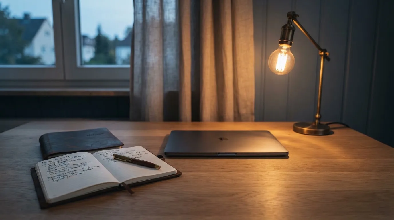 Ein Schreibtisch mit Lampe und geschlossenem Laptop in einem ruhigen Büro bei Abendlicht.