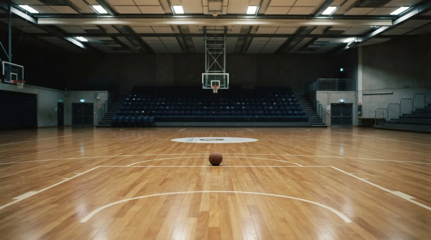 Ein Basketballfeld in einer leeren Halle, das Parkett spiegelt das Deckenlicht.