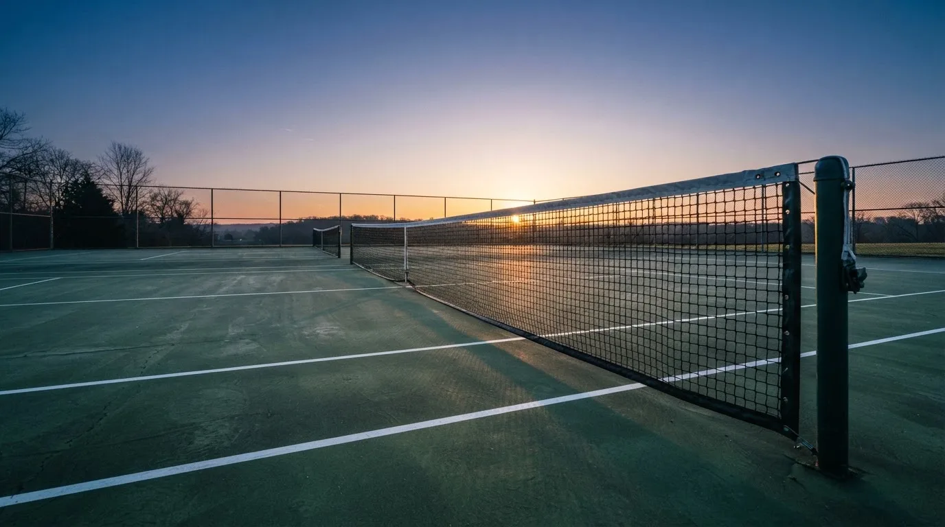 Ein Tennisplatz bei Sonnenaufgang, Netz und Linien im Streiflicht, ohne Menschen.