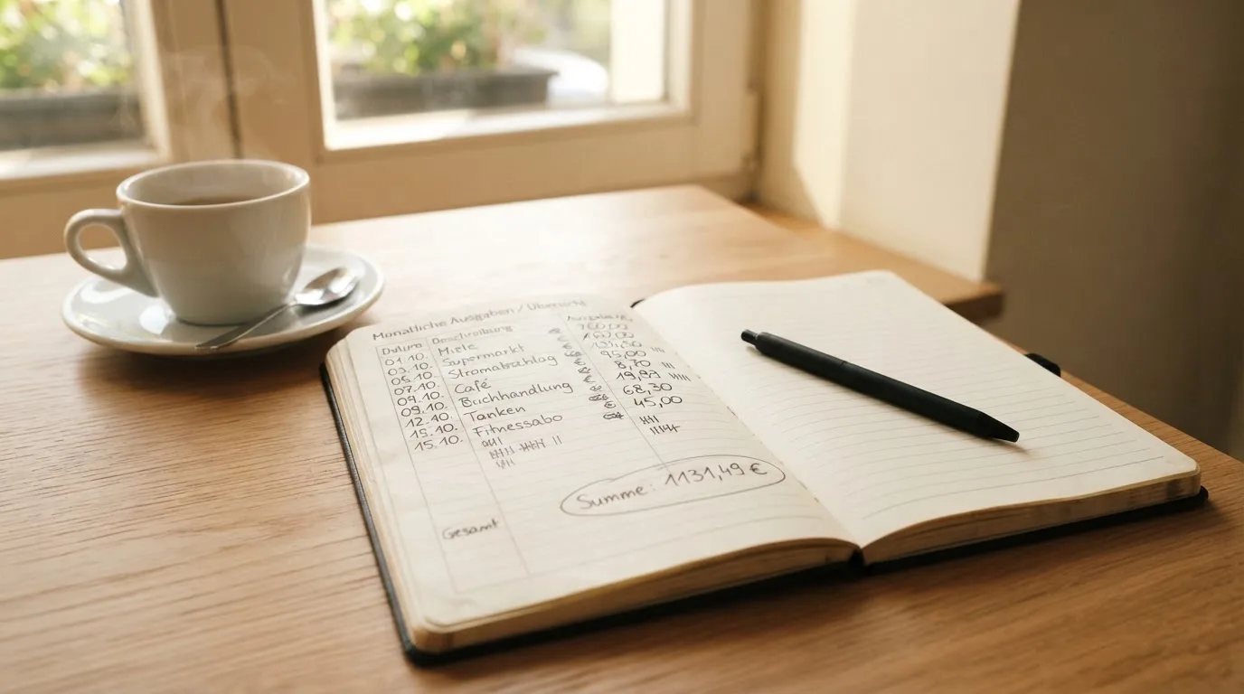 Ein aufgeschlagenes leeres Notizbuch mit Kugelschreiber neben einer Tasse Kaffee auf einem Tisch am Fenster.