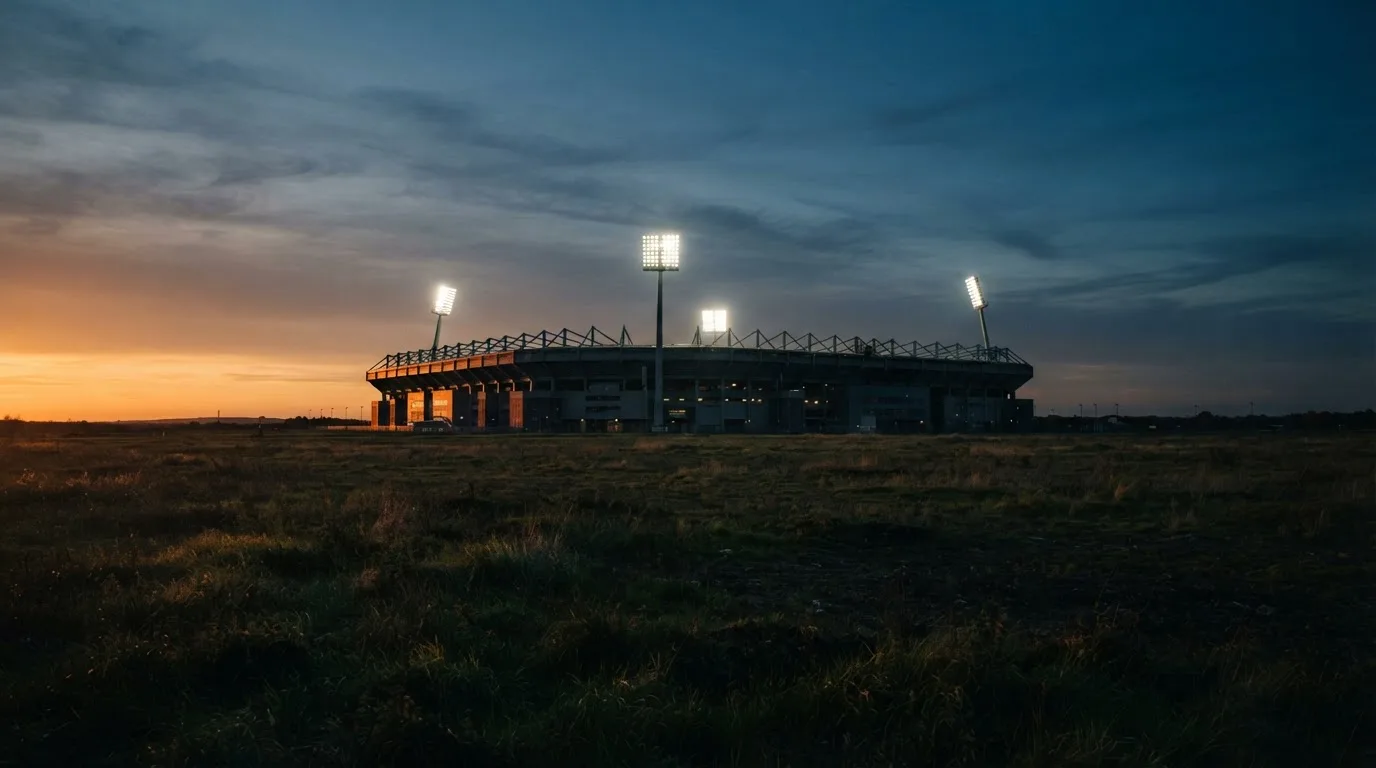 Ein Stadion unter Flutlicht aus der Ferne gesehen, im Vordergrund ein leeres Feld in der Dämmerung.