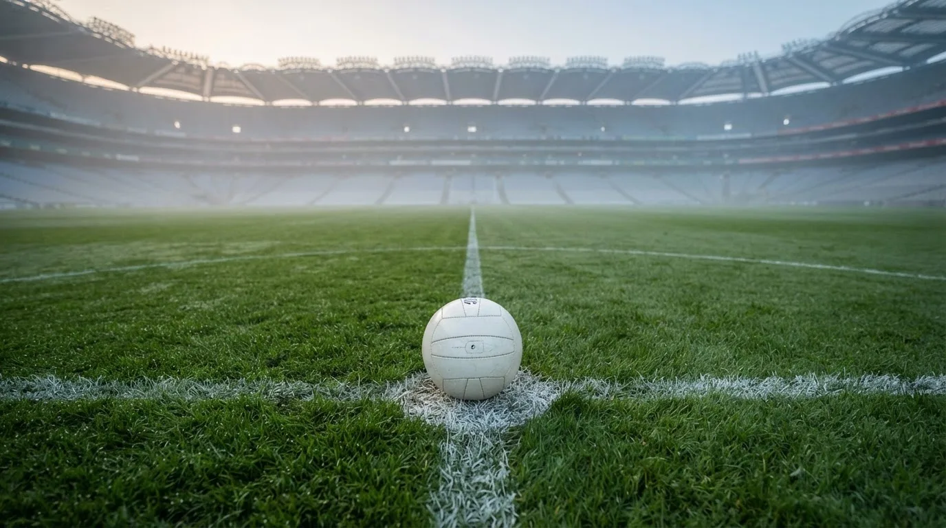 Ein Fußball liegt auf dem Anstoßpunkt eines leeren Rasenplatzes, im Hintergrund hängt Morgendunst über den Tribünen.