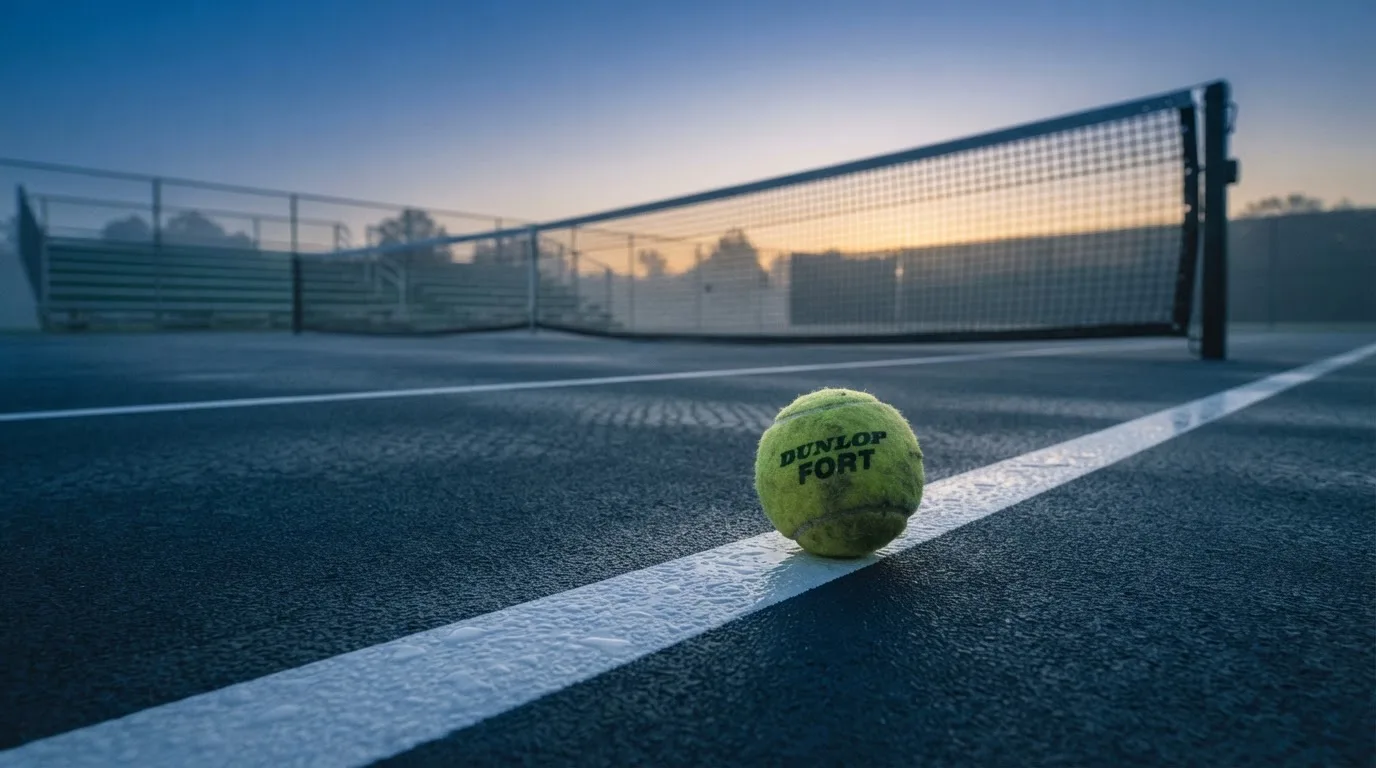 Ein Tennisplatz bei Sonnenaufgang, die Linien noch taufeucht, ein einzelner Ball liegt an der Grundlinie.