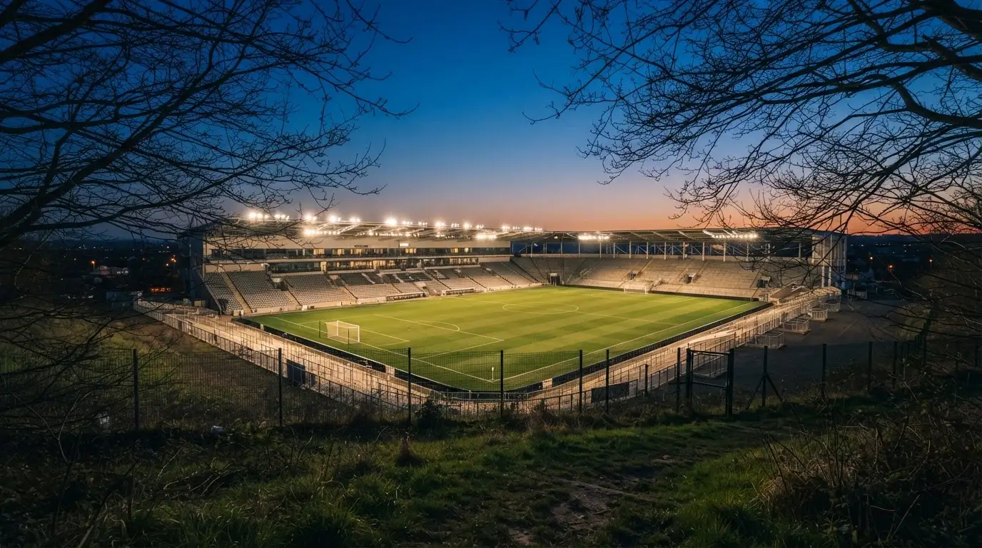 Ein leeres Stadion mit hell erleuchteten Rängen in der Abenddämmerung, von einem Hügel aus fotografiert.