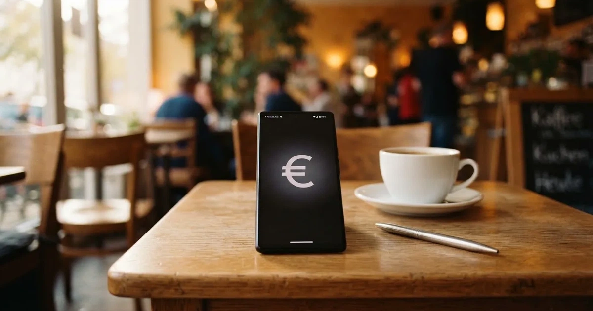 Ein Smartphone liegt mit dunklem Display auf einem Café-Tisch neben einer Tasse Kaffee und einem Kugelschreiber.