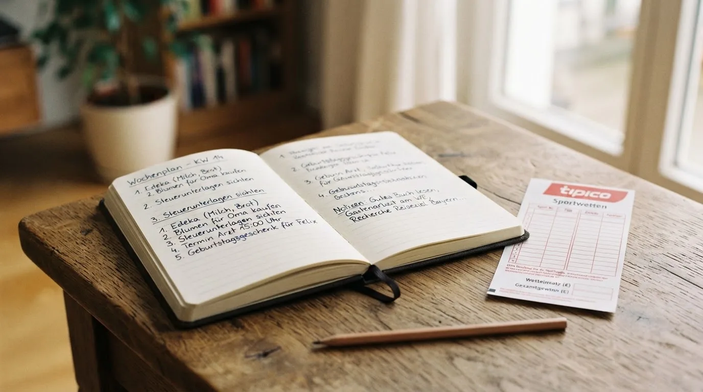Ein Notizbuch mit handschriftlichen Notizen liegt aufgeschlagen neben einem leeren Papier-Wettschein auf einem Holztisch.