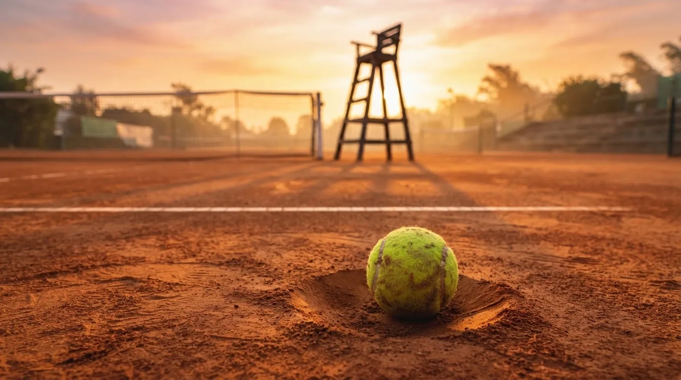 Ein Tennisball liegt auf einem roten Sandplatz bei Sonnenaufgang, im Hintergrund ein leerer Schiedsrichterstuhl.