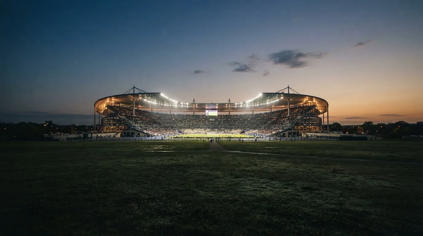 Ein Stadion unter Flutlicht aus der Ferne, davor ein stilles Feld im Dämmerlicht.