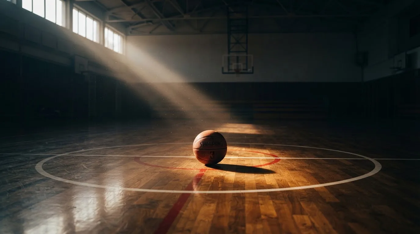 Ein Basketball liegt auf dem Parkett einer leeren Halle, Licht fällt durch hohe Fenster.
