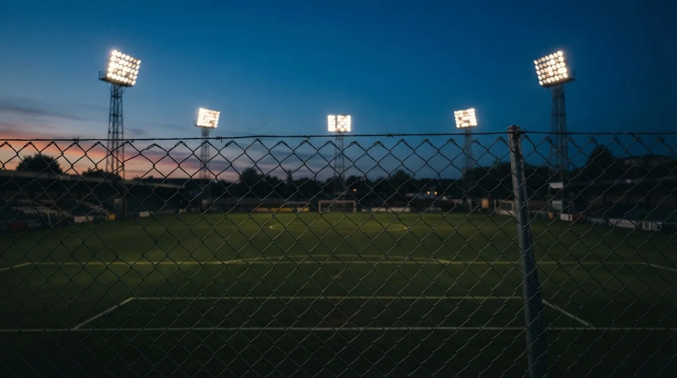 Eine Flutlichtanlage über einem leeren Sportplatz am Abend, im Vordergrund ein Maschendrahtzaun.
