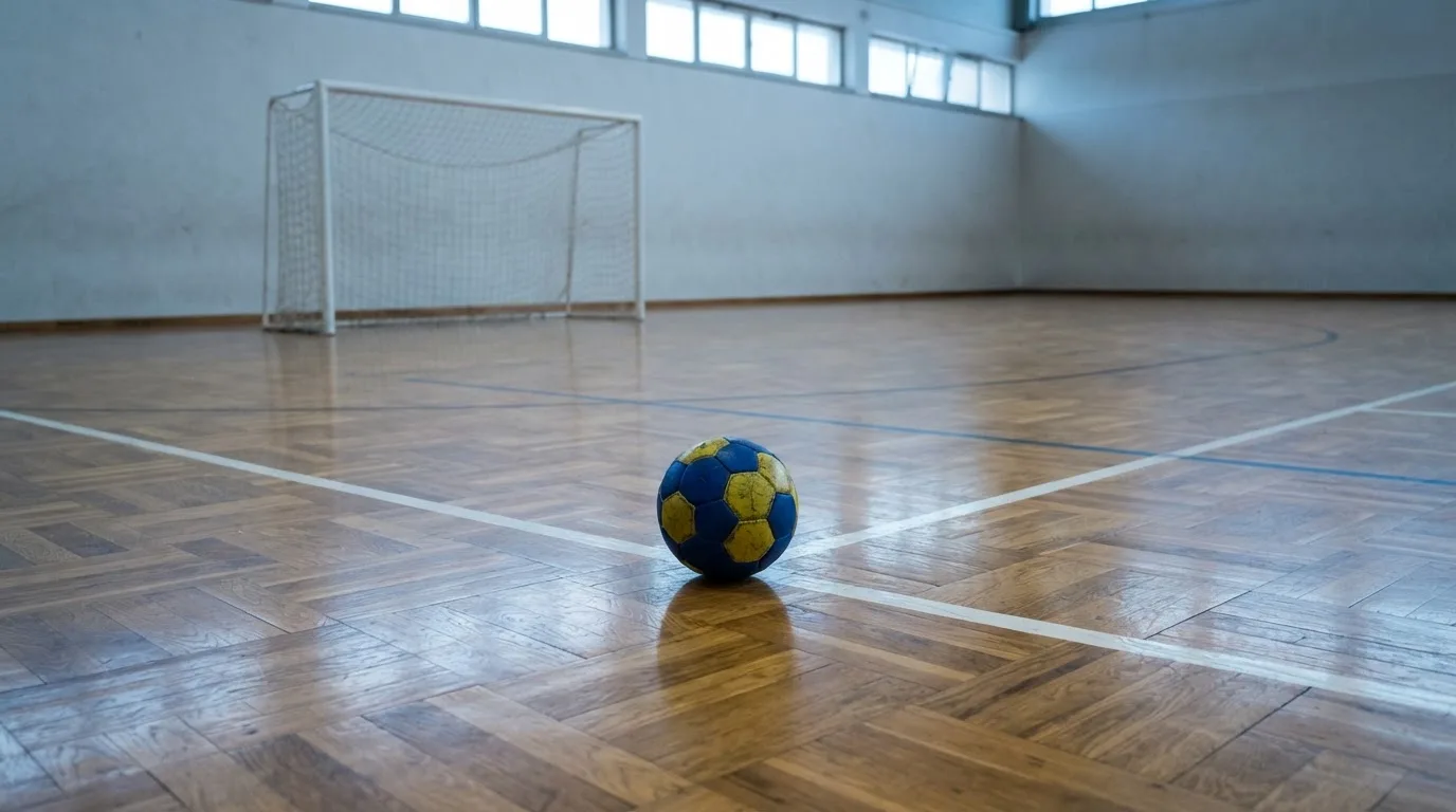 Ein Handball liegt in einer leeren Halle auf dem Boden vor dem Tor.