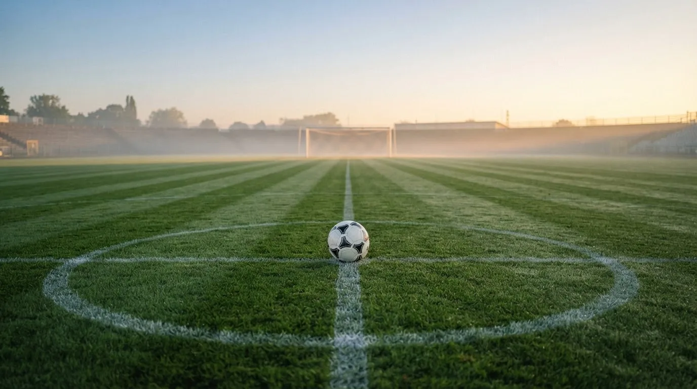 Ein Fußball liegt auf dem Anstoßkreis eines leeren Rasenplatzes im frühen Morgenlicht.