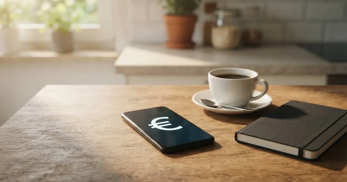 Ein Smartphone mit dunklem Display liegt neben einer Kaffeetasse und einem Notizbuch auf einem Küchentisch.