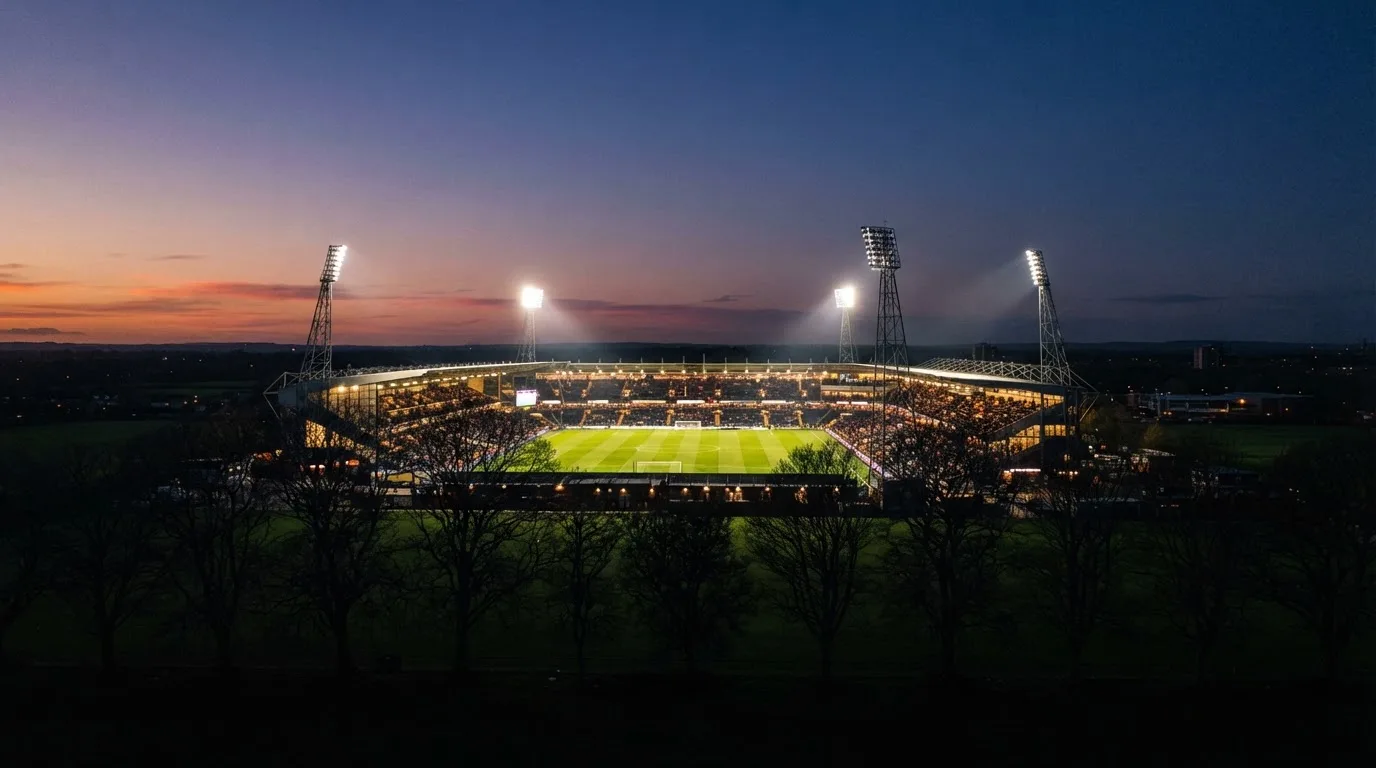 Ein Stadion unter Flutlicht aus großer Entfernung, davor die Silhouetten von Bäumen im Abendhimmel.