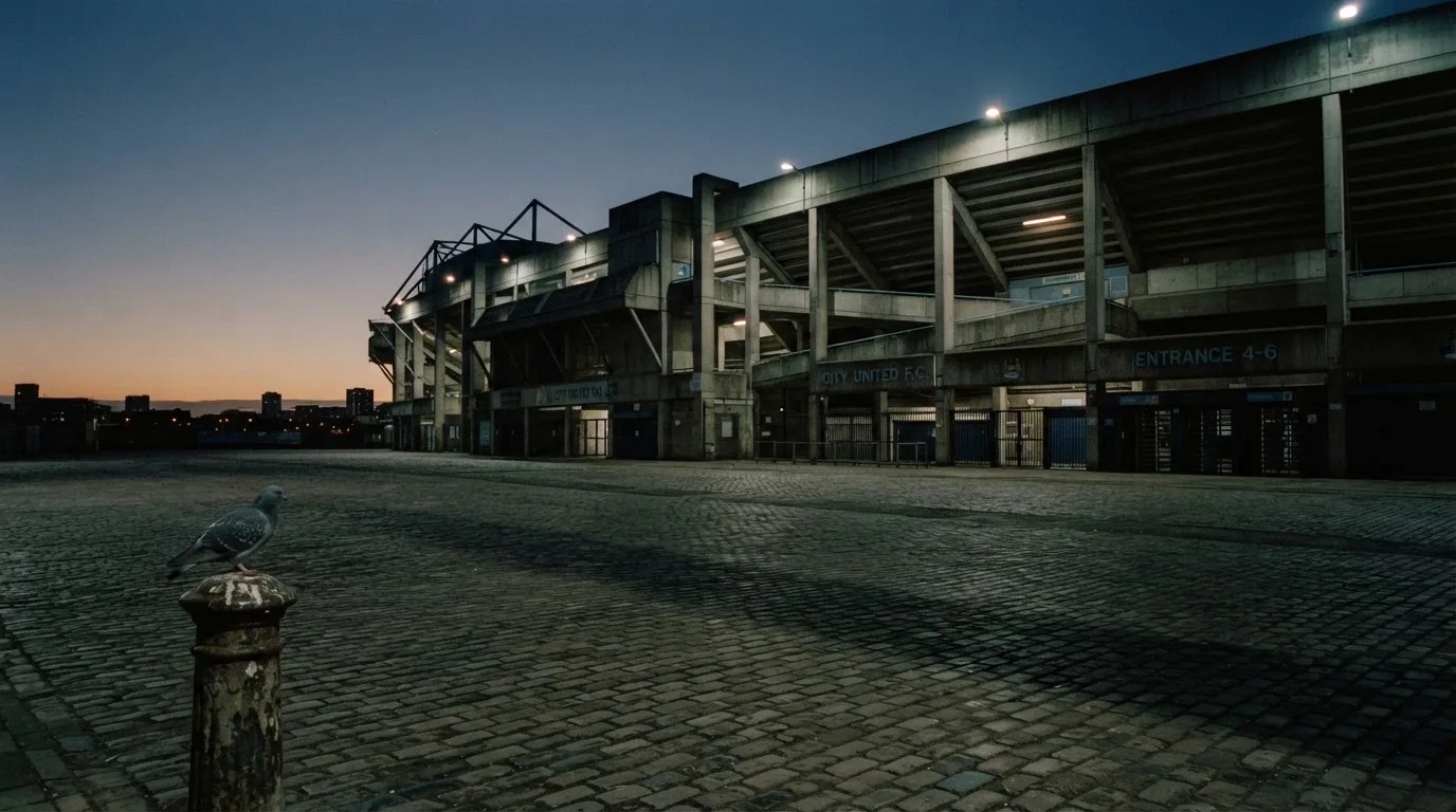 Die Rückseite einer Tribüne bei Dämmerung, davor ein menschenleerer Vorplatz mit Pflastersteinen.