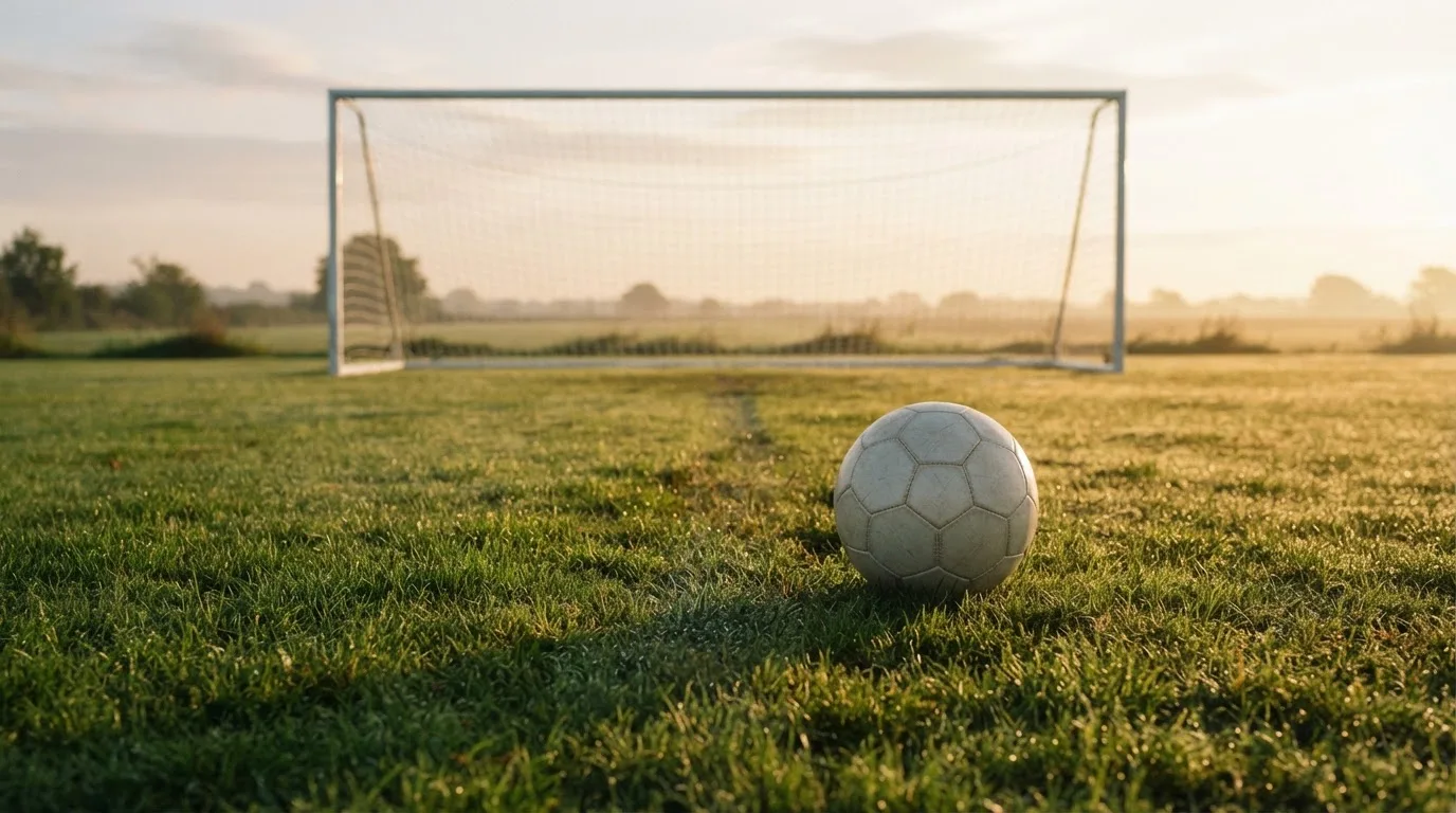 Ein Fußball auf dem Rasen vor einem leeren Tor im frühen Morgenlicht.