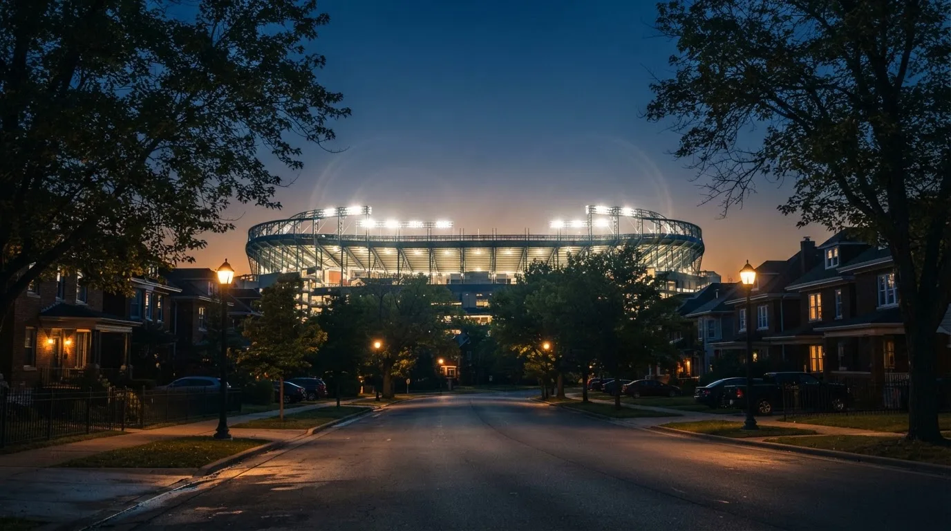 Ein Stadion aus der Ferne bei Flutlicht, davor eine ruhige Straße in der Abenddämmerung.