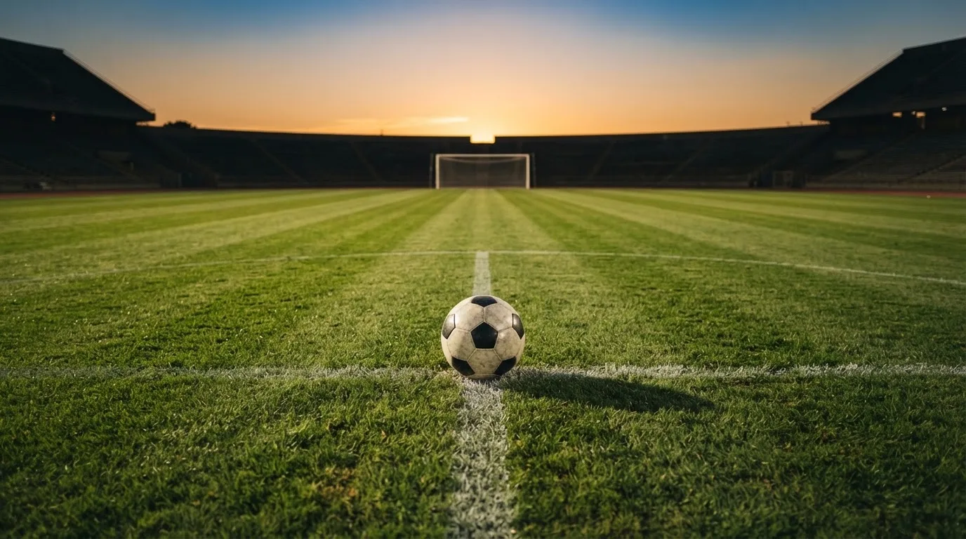 Ein Fußball liegt in der Mitte eines leeren Rasenplatzes, am Horizont färbt sich der Himmel orange.